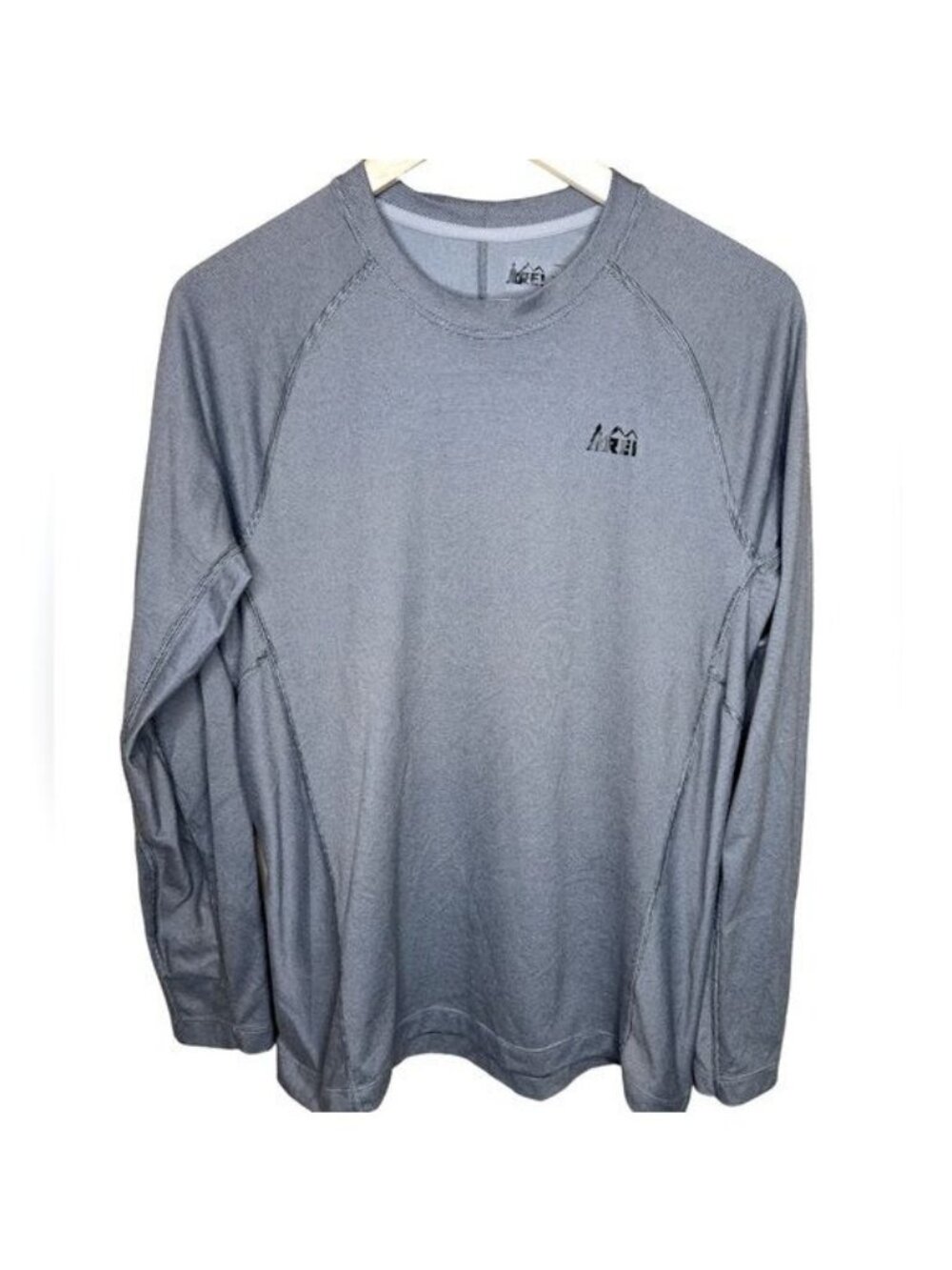 REI Men’s long sleeve hiking shirt gray and white striped Gorpcore outdoor wear